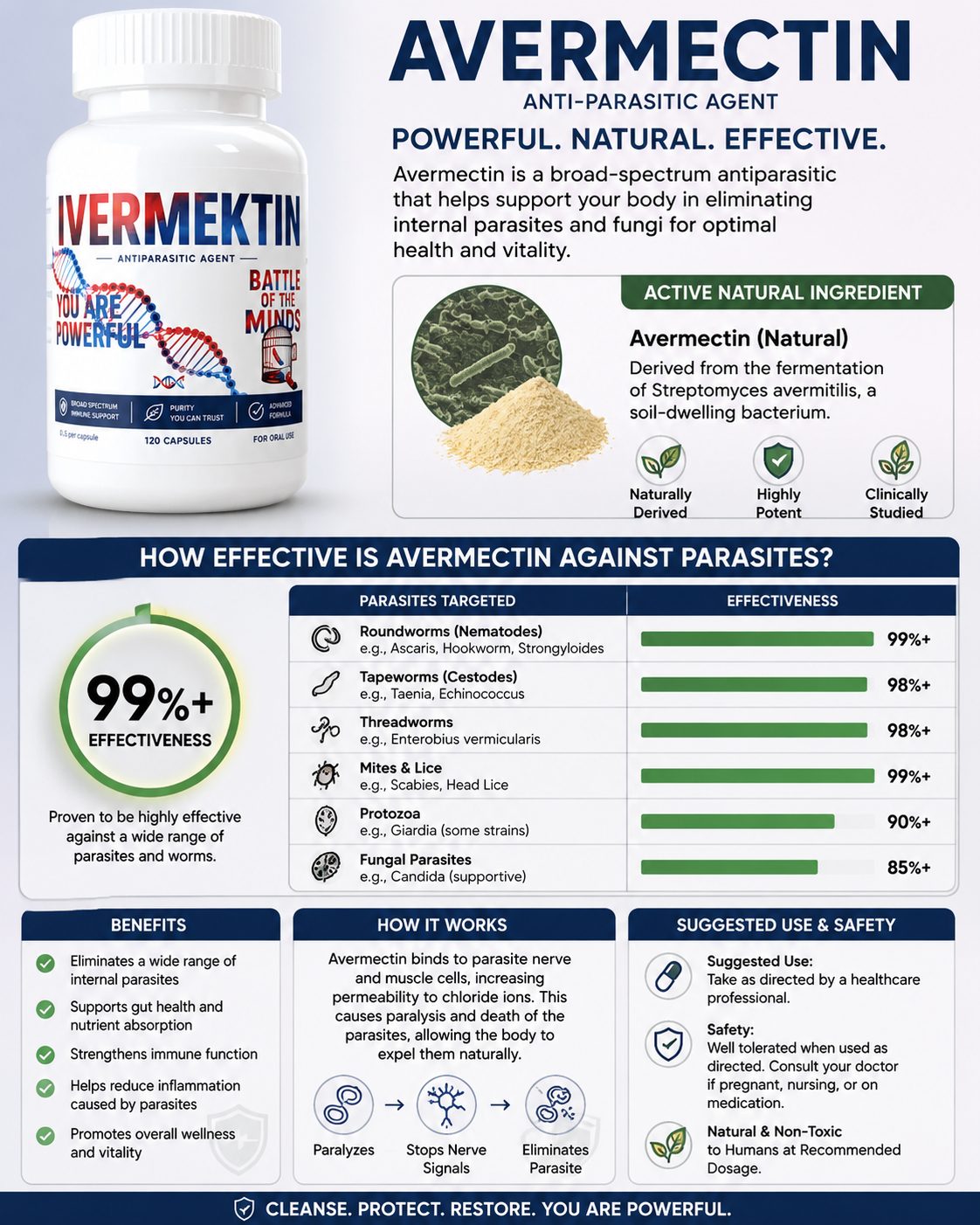 Avermectin anti-parasitic infographic showing effectiveness against roundworms, tapeworms, threadworms, mites, protozoa and fungal parasites