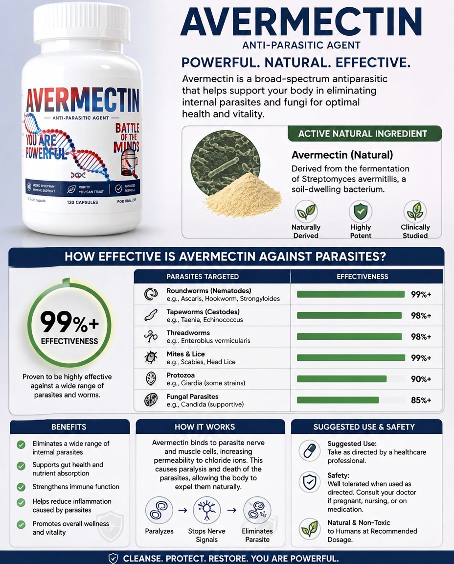 Avermectin anti-parasitic infographic showing effectiveness against roundworms, tapeworms, threadworms, mites, protozoa and fungal parasites