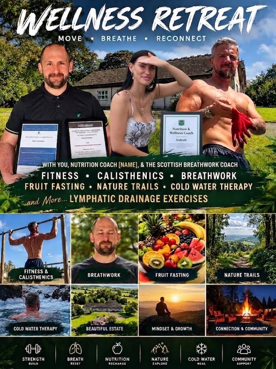 Wellness Retreat details with fitness, breathwork, fruit fasting, nature trails and cold water therapy